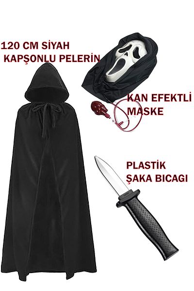 Parti dolabı Halloween 120cm Black Hooded Cloak Scream Effect Mask and Prank Knife Set - Halloween Party