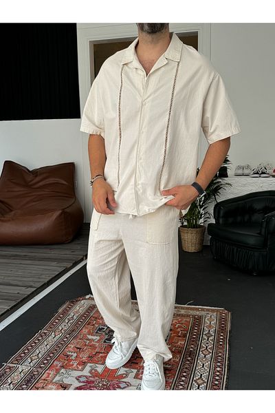 BYBASICMAN Beige Knit Embroidered Short Sleeve Shirt V-40-821