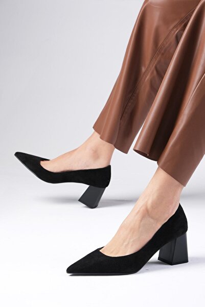 Mio Gusto Fleur Genuine Suede Black Color Block Heeled Women's Heeled Shoes