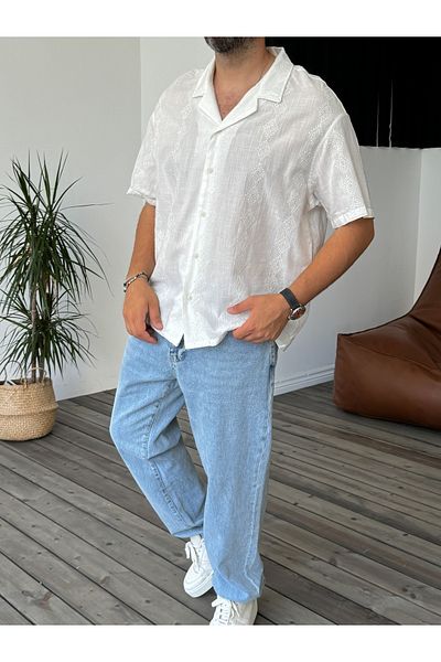 BYBASICMAN White Diamond Embroidered Short Sleeve Shirt V-40-875
