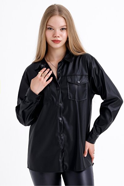 MD trend Γυναικείο δερμάτινο πουκάμισο διπλής τσέπης με κουμπωτό κλείσιμο