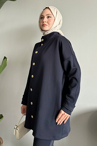 InStyle Buttoned Judge Collar Navy Blue Scuba Suit