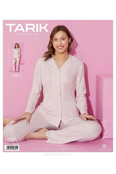 ROYAM Set de pijamale roz viscoză Tarik pentru femei - mâneci lungi, nasturi și dantelă 6100-9