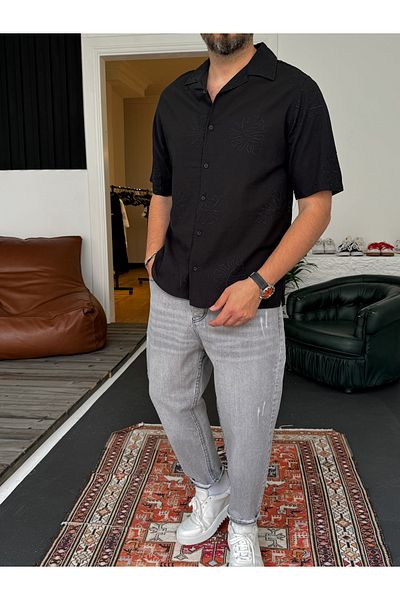 BYBASICMAN Black Leaf Embroidered Shirt G-5444