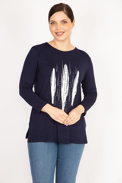 Şans Women's Navy Blue Plus Size Blouse with Stone and Print Detail 65n36077