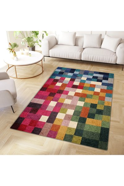 Rugs Modern Halı North Collection Multicolored Checkered Patterned Woven Base...