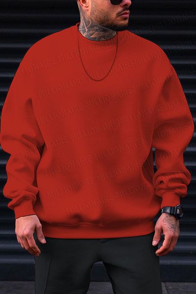 Millionaire Men's Red Basic 0 Crew Neck Unprinted Plain Oversize Loose Loose Fit Fleece Sweatshirt