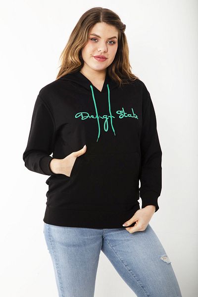 Şans Women's Large Size Black Hooded Kangaroo Pocket Sweatshirt 65N37184