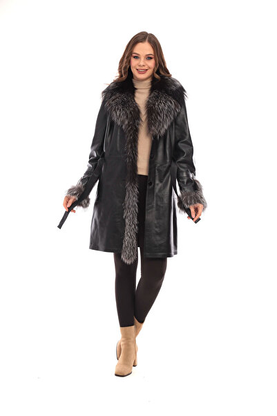Tarz Fur Detailed Leather Black Women's Coat