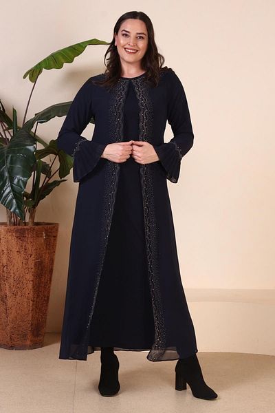 Ferace Women's Plus Size Jewelled and Pearl Patterned Sleeves Pleated Mother Hijab Evening Dress Set