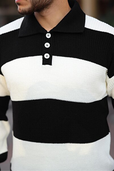 Valiberta Поло з ґудзиками, комір поло, напівоверсайз, смугастий трикотажний светр - чорний