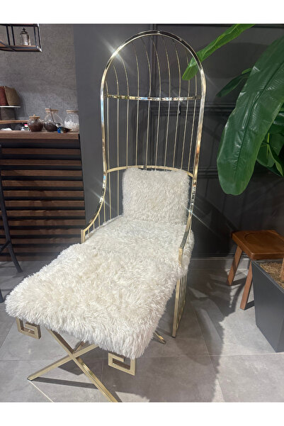Perlasee Lüks Altın Renkli Metal Çerçeveli Kürklü Koltuk ve Puf Takımı-Kafes ...
