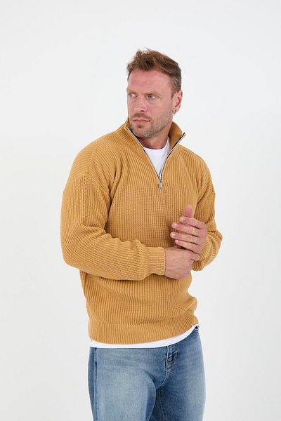 Valiberta Men's Knitwear Sweater - Thessaloniki Knit, Half Zipper, Oversize Mustard