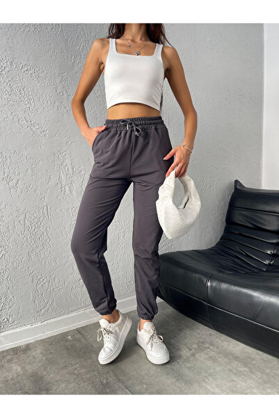 BANEGA Kadın Dalgıç Kumaş Kışlık Polarlı Jogger Yüksek Bel Cepli Füme Eşofman Altı