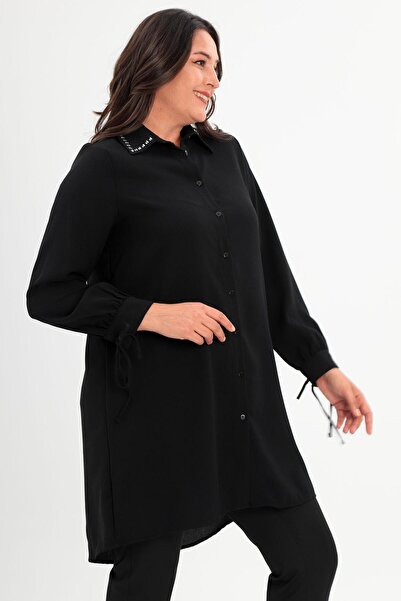 Metpoint Trend42plus Tunica neagră de mărime mare cu guler bagheta și pietre