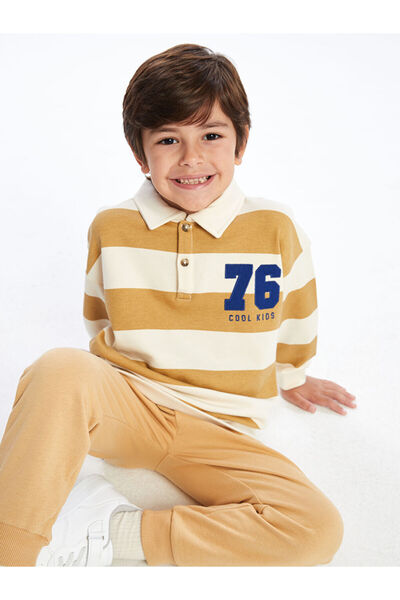 LC Waikiki Ecru Striped Polo Collar Long Sleeve Sweatshirt for Baby Boy