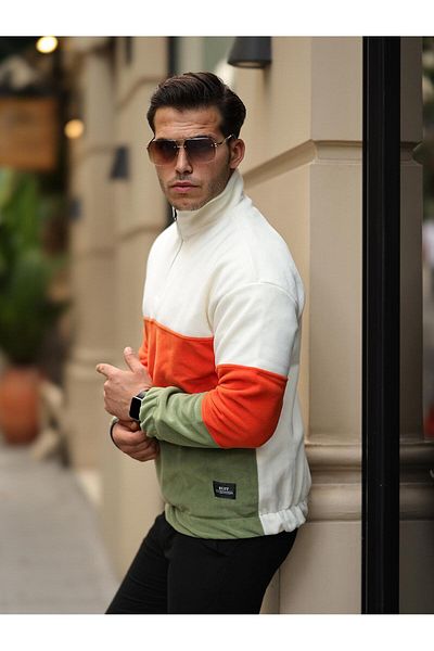 Valiberta Piece Pattern Half Zipper Fleece Sweatshirt - Ecru/orange/khaki