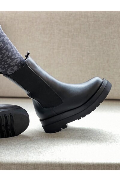 AyakkabıZ Black Women's Leather Elastic Boots