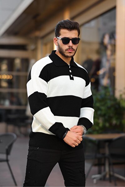 Valiberta Поло з ґудзиками, комір поло, напівоверсайз, смугастий трикотажний светр - чорний