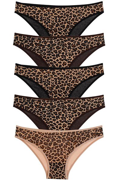 Nicoletta Pack of 5 Lycra Leopard Patterned Women's Panties - BROWN