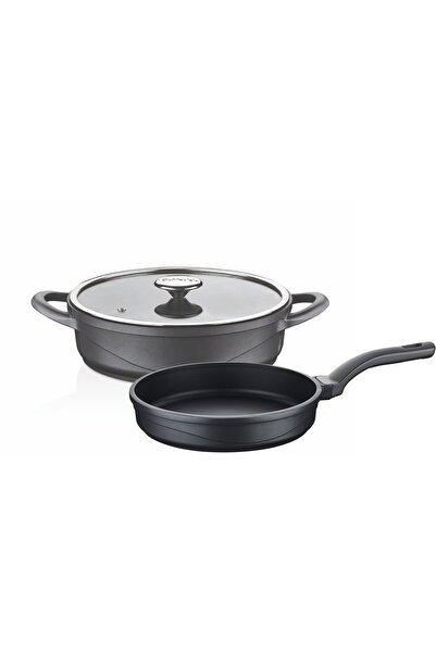 OMS Wave 3732 - 3 Piece Biogranite Cast Pot and Pan Set - Anthracite Body, Platinum Detailed