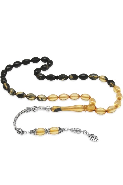 Tesbihane Erkek 925 Ayar Gümüş Tek Püsküllü Arpa Kesim Süzme Siyah Ateş Kehribar Tesbih