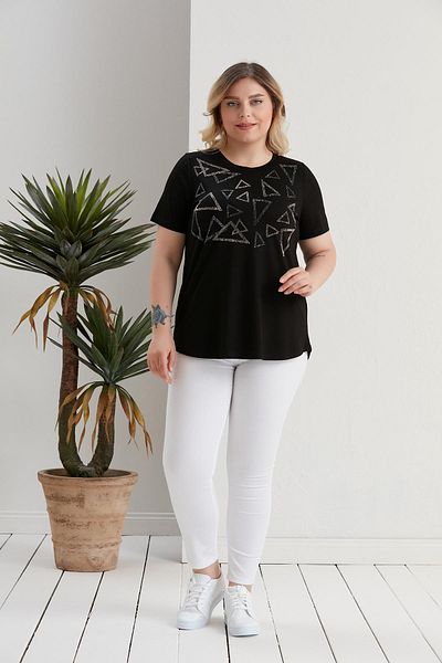 SERTUĞ Plus Size Black Blouse with Geometric Stone Detail