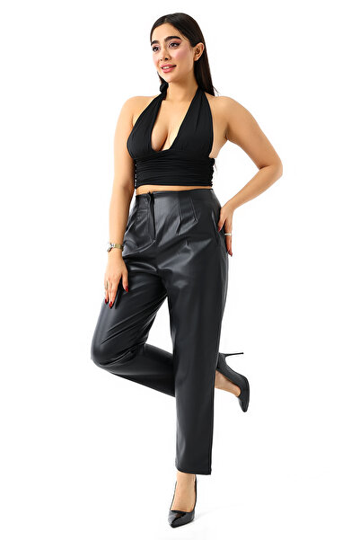 winmoda Yüksek Bel Deri Pantolon-Havuç/Ön Pensli