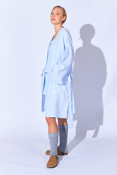 EDITION WOMAN Kimono halat de toaletă de muselină albastră - 100% bumbac organic | Anexă 10009976