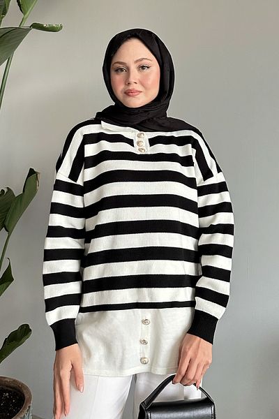 InStyle Μαύρο πλεκτό τουνίκ με λεπτομέρεια με κουμπιά στη φούστα