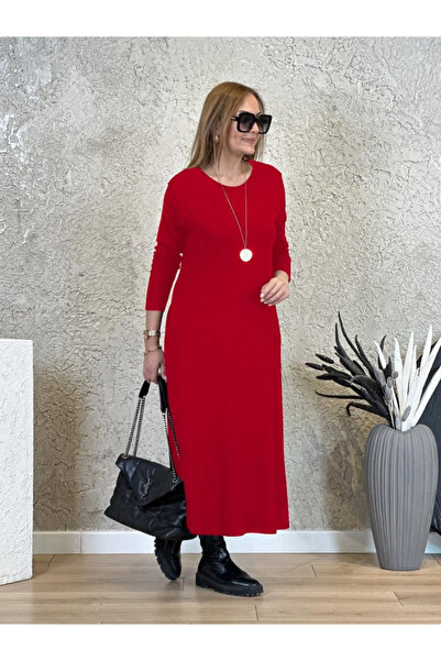 JANES Rochie de damă cu mânecă lungă, cu decolteu, cu două fire, lungime midi