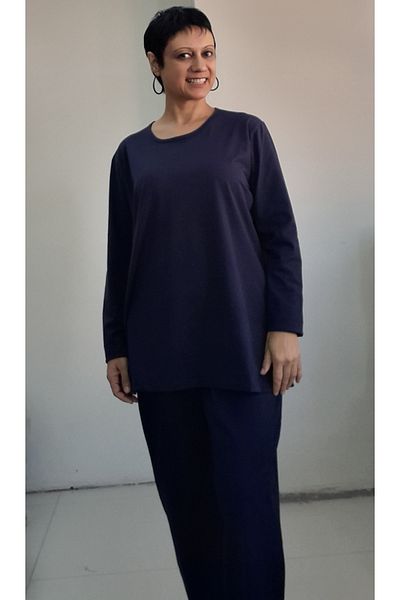 Mertcan Butik Navy Blue Round Neck Bottom Top Suit Combed Cotton Viscose Pajama Set