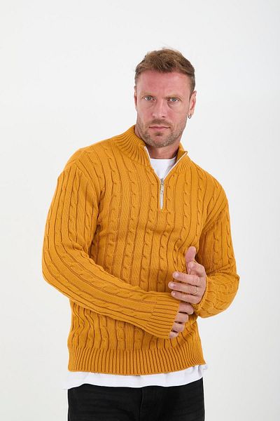Valiberta Hair Braided Half Zipper Men's Knitwear Sweater - Mustard