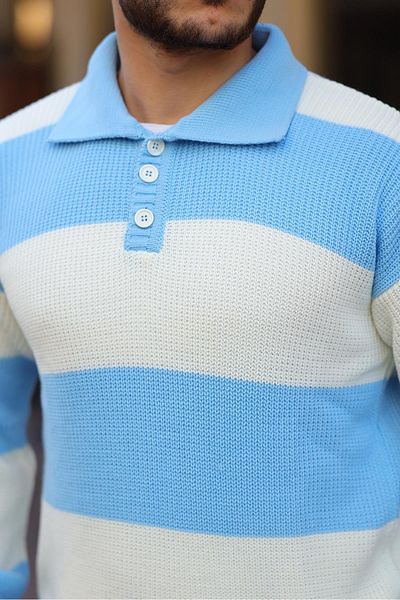 Valiberta Buttoned Polo Collar Half Oversize Striped Knitwear Sweater - Blue