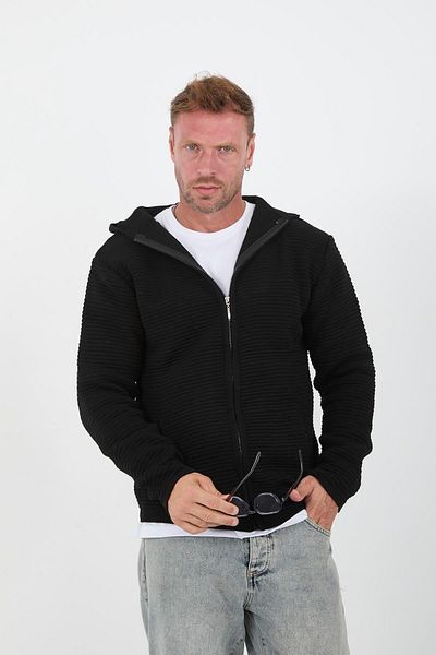 Valiberta Zippered Ladder Knit Hooded Knitwear Cardigan/Jacket - Black