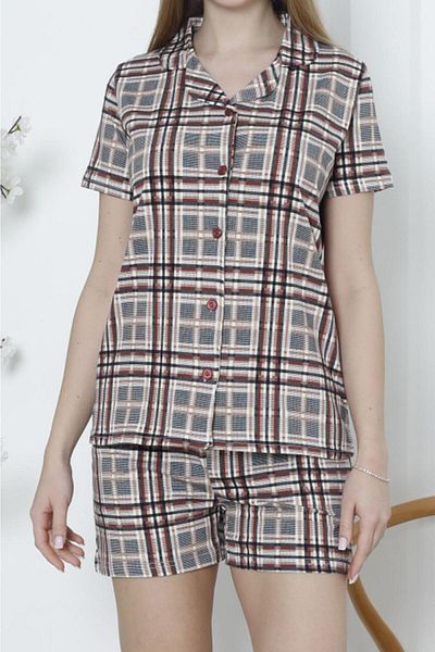 Nicoletta Women's Buttoned Pajama Set with Shorts Plaid Cotton Lycra Pocket DAMSON