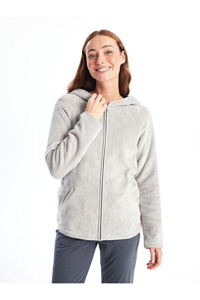 LC Waikiki Gray Hooded Plain Long Sleeve Women's Plush Pajama Top