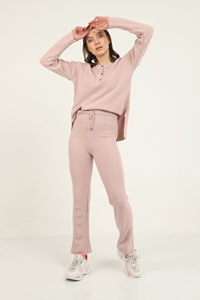 Blue Petrol Women's Crew Neck Buttoned Knitwear Set