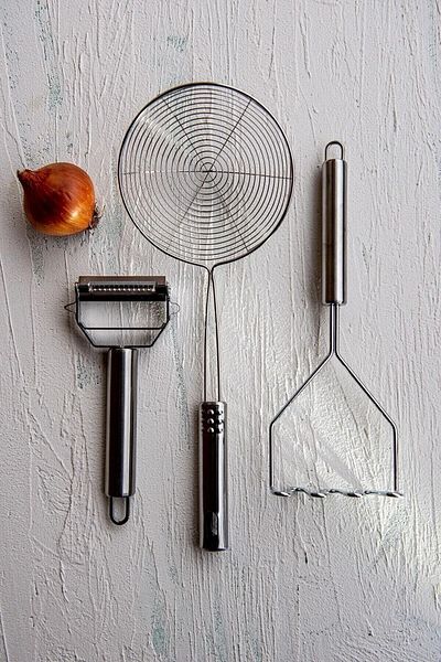 DORRY HOME Stainless Steel Set of 3 - Frying Colander, Potato Masher, Julienne Peeler Food Prep Oil Strainer