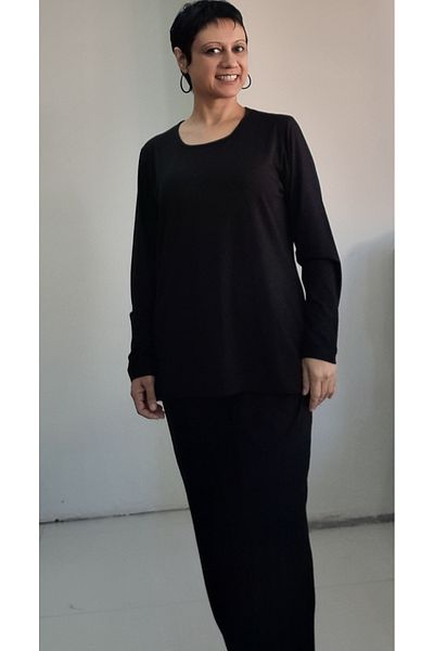 Mertcan Butik Black Bottom Top Suit Round Neck Combed Cotton Viscose Pajamas Suit
