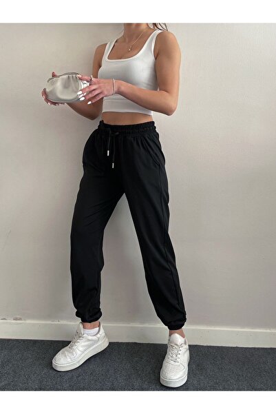 BANEGA Kadın Dalgıç Kumaş Kışlık Polarlı Jogger Yüksek Bel Cepli Siyah Eşofman Altı