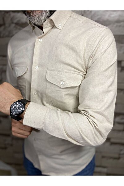 BENESSE kaşe melanj çift  cep kapaklı kışlık uzun kollu gömlek