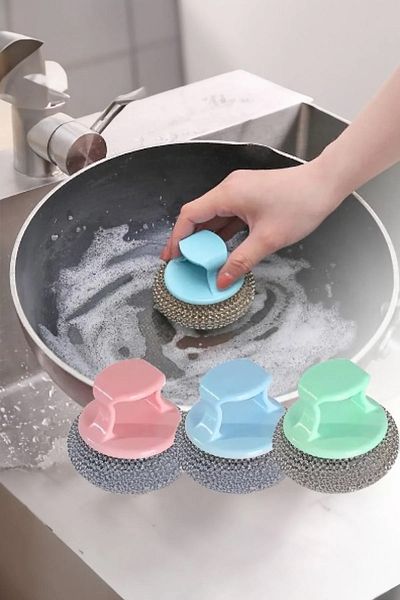 LiderGlobal Stainless Steel Ball with Handle Dish Scrubbing Wire Dish Cleaning Brush Washing Sponge