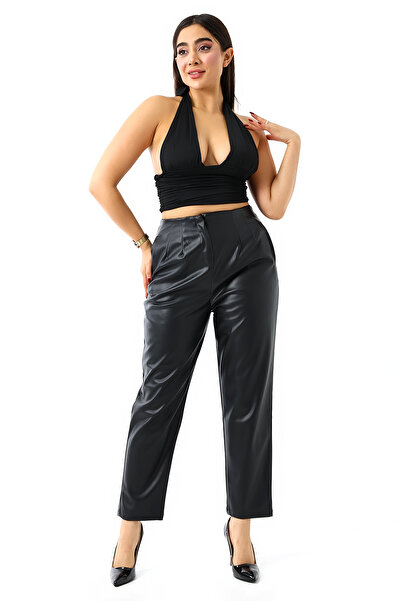 winmoda Yüksek Bel Deri Pantolon-Havuç/Ön Pensli