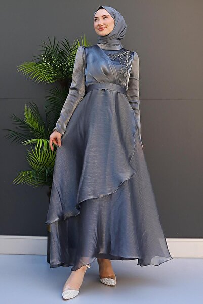 GİZ AGİYİM Stone-Embellished Organza Evening Dress Dark Gray