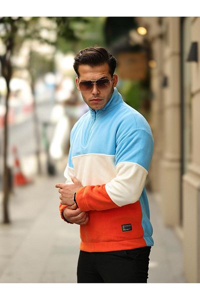 Valiberta Piece Pattern Half Zipper Fleece Sweatshirt Baby Blue/ecru/orange