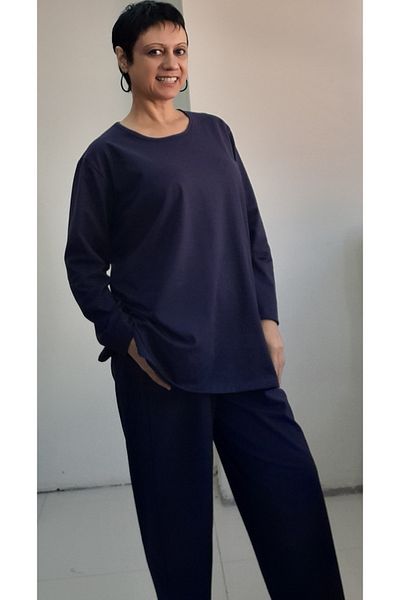 Mertcan Butik Navy Blue Round Neck Bottom Top Suit Combed Cotton Viscose Pajama Set