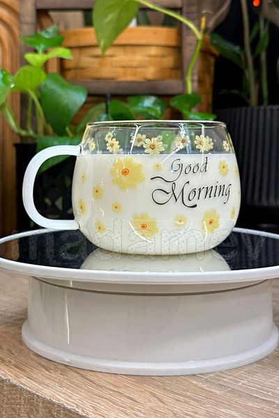 Tilbe Home 4-Piece Good Morning Floral Glass Cup Heat-Resistant Handled Coffee Presentation Breakfast Milk Cup