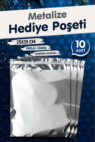 t tuğset etiket Метализирана торбичка за опаковане на подаръци с лепило 25x35см, сребриста, 10 броя, коледен подаръчен пакет -T109