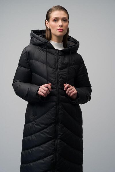 Olcay Schwarze lange Pufferjacke – Kapuzenpullover und Musterdetail 6669